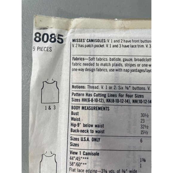 Simplicity 8085 Camisole Sewing Pattern Size 10-16 Easy To Sew Lace Trim UNCUT - Picture 4 of 6